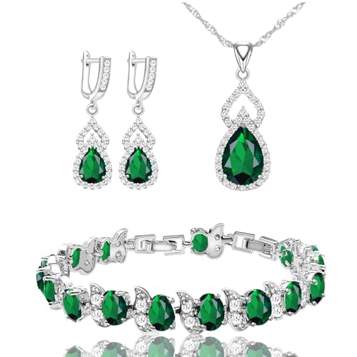 LMXXVJ Women Jewelry Set Platinum Plated Necklace Open Ring Earrings Bracelet Set,Birthday/Anniversary Mother’s Day Jewelry Gifts for Mom/Wife/Sister/Best Friend - color: White Gold-Green-No Ring