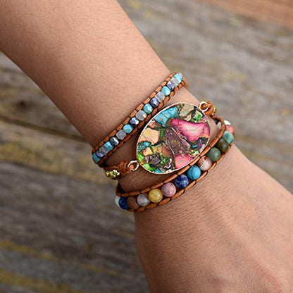 Women Wrap Bracelet Boho Natural Jasper Crystal Stone Beads Strand Bracelets - color: Style 23-Colorful Turquoise