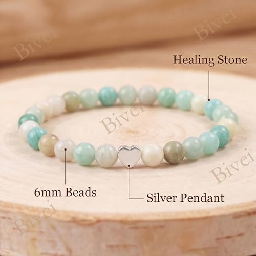 Bivei Crystal Stretch 6mm Bracelets for Women | Handmade Natural Stone Beaded Stretch Bracelet, Stainless Steel Heart Bead, Tranquility Yoga Gift Jewelry for Women - color: Amazonite - Abundance
