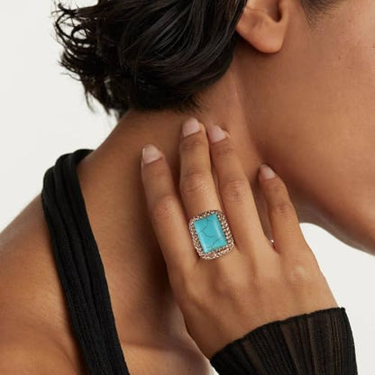 HZMAN Natural Stone Statement Ring for Women, Crystal Paved Bold Cocktail Ring, Adjustable Gold Tone Fashion Jewelry - color: Turquoise Square