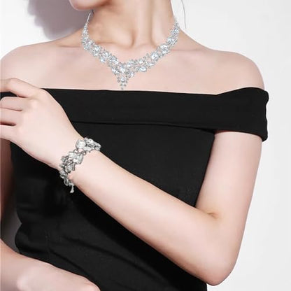 Crystal Bridal Jewelry Set, Floral Statement Necklace, Earrings, Bracelet, Wedding Accessories - color: White