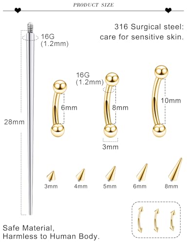 16G Eyebrow Ring Piercing Jewelry Surgical Steel Curved Barbell Vertical Labret Lip Ring Rook Daith Earrings Small Belly Button Ring Piercing Jewelry for Women Silver Black Gold 6MM 8MM 10MM - color: Gold, 6mm 8mm 10mm