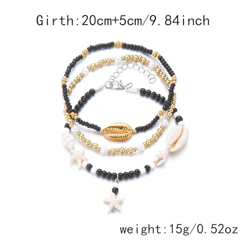 Starfish Mermaid Anklets Bracelets for Women Waterproof Gold Beaded Seashell Starfish Anklets Bohemian Summer Surf Stackable Anklet Bracelet Hawaiian Mermaid Jewelry Outfits for Women - style: 3PCS Black starfish