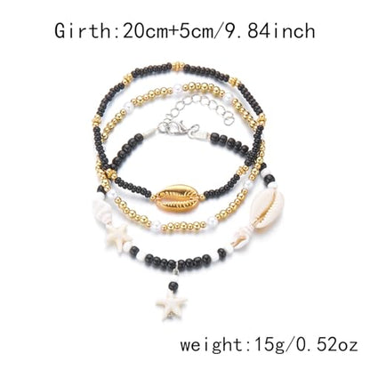 Starfish Mermaid Anklets Bracelets for Women Waterproof Gold Beaded Seashell Starfish Anklets Bohemian Summer Surf Stackable Anklet Bracelet Hawaiian Mermaid Jewelry Outfits for Women - style: 3PCS Black starfish