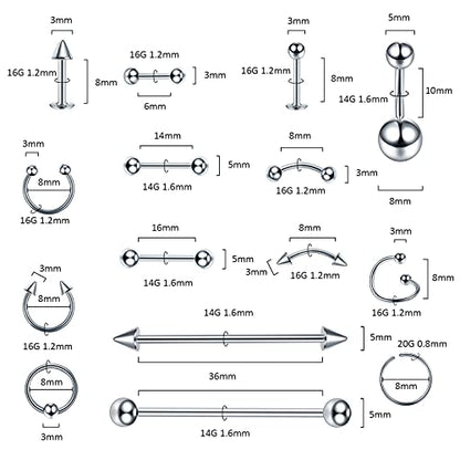 Oveta 150-151PCS Body Piercing Jewelry Lot 14G 16G 20G Stainless Steel Nose Lip Tongue Cartilage Tragus Eyebrow Industrial Barbell Belly Button Rings Piercing Kit Jewelry - style: 150pcs-Silver