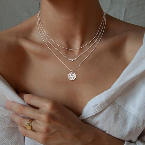 CHESKY Layered Silver Necklace for Women Trendy,Dainty Silver Plated Stackable Charm Necklace Layering Paperclip Tennis Rope Chain CZ Pendant Jewelry Set Gifts - style: bar