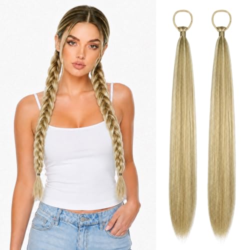 Ponytail Extension with Hair Tie DIY Braided Ponytail Extension for Woman 2 PCS Warp Around Yaki Straight Sleek Hairpieces Light and Soft Fluffy Stayle Ponytail for Women Daily Party Use - color: Mixed Blonde with Platinum Highlight