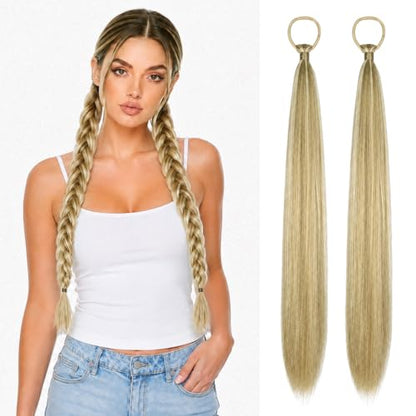 Ponytail Extension with Hair Tie DIY Braided Ponytail Extension for Woman 2 PCS Warp Around Yaki Straight Sleek Hairpieces Light and Soft Fluffy Stayle Ponytail for Women Daily Party Use - color: Mixed Blonde with Platinum Highlight