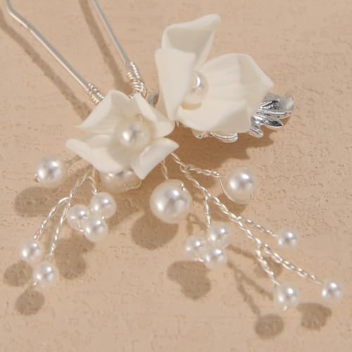 Handmade Pearl Bridal Hair Pins Wedding Hair Accessories for Women Brides Bridesmaid - color: Silver/Pearl White Flower