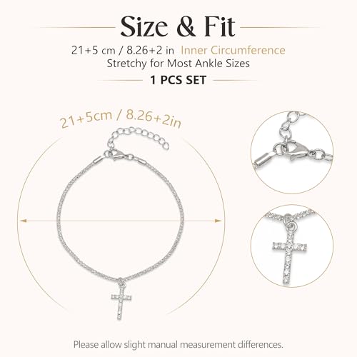 Fesciory Heart Rhinestone Ankle Bracelets for Women, Adjustable Silver Plated Shiny Tennis Anklets, Twinkle Cubic Zircon Imitation Diamond Anklet Foot Chain Jewelry Gifts - color: Cross1