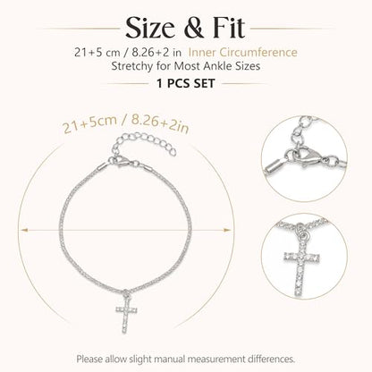 Fesciory Heart Rhinestone Ankle Bracelets for Women, Adjustable Silver Plated Shiny Tennis Anklets, Twinkle Cubic Zircon Imitation Diamond Anklet Foot Chain Jewelry Gifts - color: Cross1