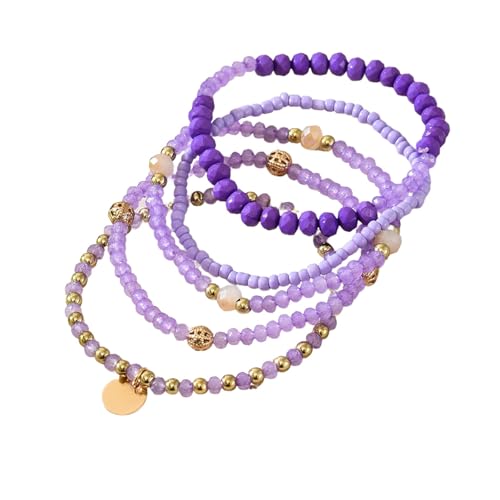 Bohemian Handmade Crystal Seed Beads Disc Pendant Colorful Multilayered Elastic Bracelets Stackable Stretch Strand Bangles Friendship Summer Beach Jewelry for Women - color: purple