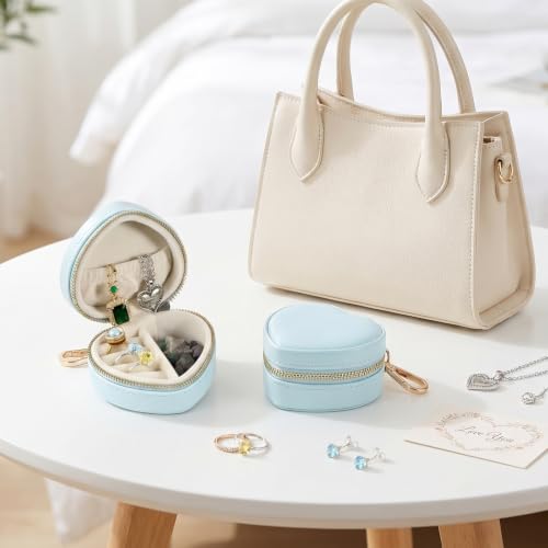 Small Jewelry Travel Case with Keychain Mini Jewelry Box for Rings Earrings Necklaces PU Leather Zipper Heart Jewelry Pouch for Women Travel Essentials Blue - color: blue