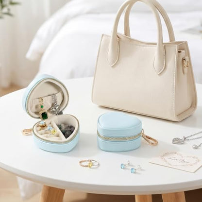 Small Jewelry Travel Case with Keychain Mini Jewelry Box for Rings Earrings Necklaces PU Leather Zipper Heart Jewelry Pouch for Women Travel Essentials Blue - color: blue