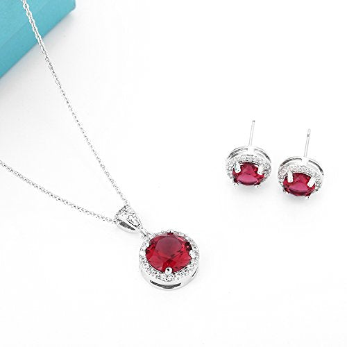 AMYJANE Halo Crystal Jewelry Set - Sterling Silver Round Cubic Zirconia Crystal Bridal Pendant Necklace Earrings Set for Wedding Bride Bridesmaids - color: Ruby