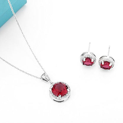 AMYJANE Halo Crystal Jewelry Set - Sterling Silver Round Cubic Zirconia Crystal Bridal Pendant Necklace Earrings Set for Wedding Bride Bridesmaids - color: Ruby