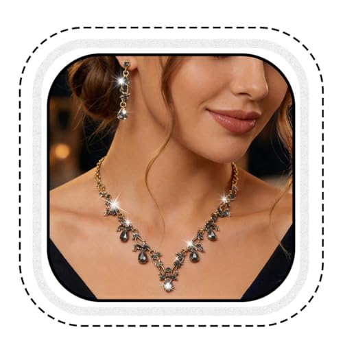 Gold Rhinestone Jewelry Set Bridal Wedding Necklace Earrings Sets Prom Formal Costume Jewelry for Women and Brides - color: Black