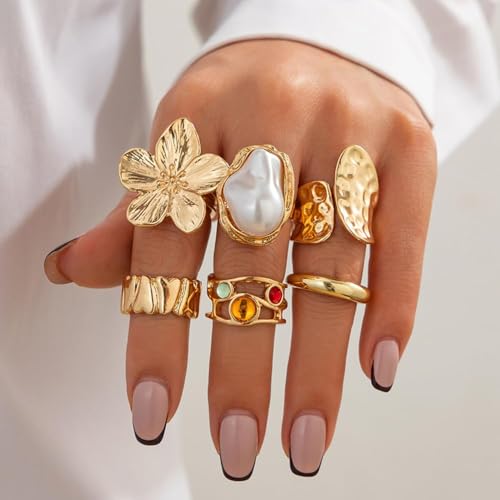 Chunky Gold Rings Set for Women Trendy Statement Flower Knuckle Ring Baroque Pearl Stack Ring Wrinkled Prom Outfits Accessories - color: Gold