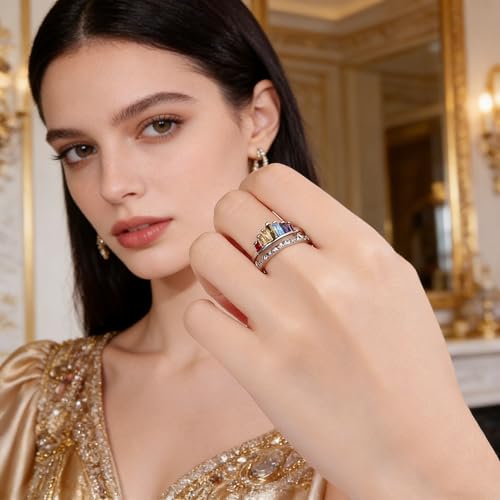MALOYANVE Rhinestone Crown Open Ring for Women, Colorful Crystal Cubic Zirconia, Rainbow, Adjustable, Elegant Princess Queen Statement Promise Wedding Jewelry - color: Silver
