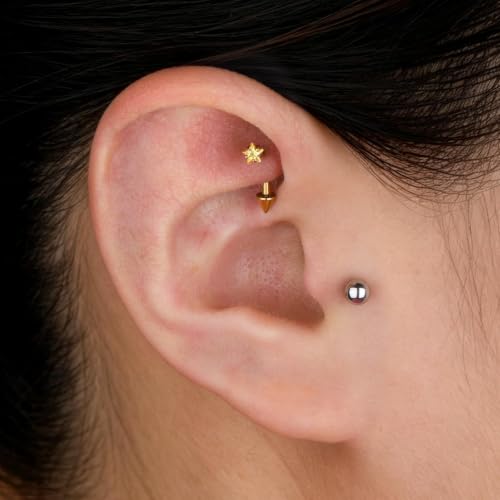 1PC Titanium Rook Piercing Jewelry 16G 8mm, ASTM F136 Curved Barbells Eyebrow Rings, Internally Threaded Screw on - color: Yellow CZ Star-18KGP