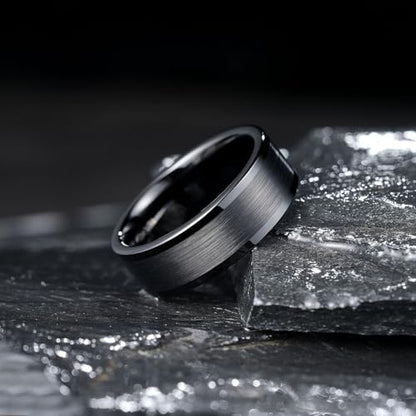 King Will Mens Brushed Wedding Band, Two Tone Matte Step Edges/Pipe Cut, Tungsten Carbide Anniversary Promise Rings Comfort Fit - color: Black Pipe Cut-8mm