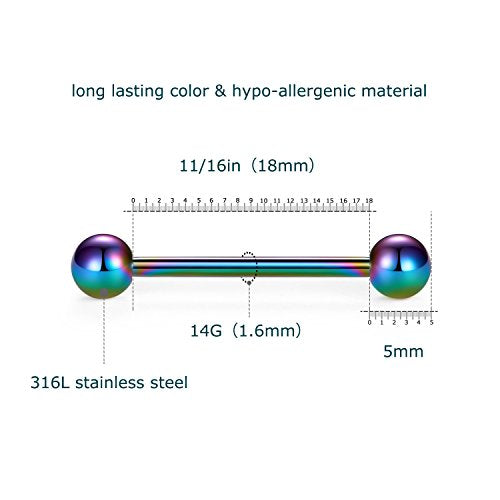 VCMART 12mm-18mm 14G Tongue Rings Nipple Straight Barbells Surgical Steel Body Piercing Jewelry - style: Style E2 -12pcs, rainbow