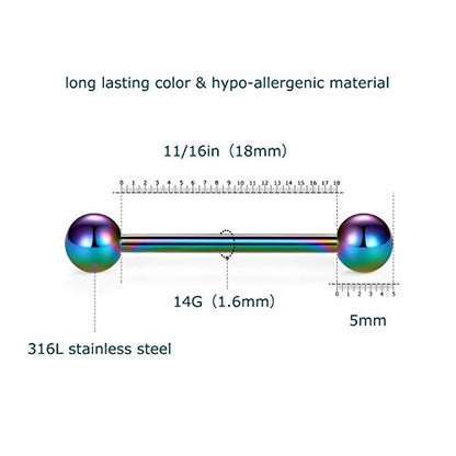 VCMART 12mm-18mm 14G Tongue Rings Nipple Straight Barbells Surgical Steel Body Piercing Jewelry - style: Style E2 -12pcs, rainbow