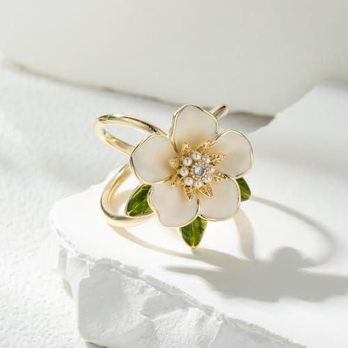 Elegant Gardenia Flower Scarf Ring for Women CZ Crystal Floral Silk Scarf Clip Scarves Buckle Shawl Brooch Statement Finger Ring Decoration Accessories for Mother