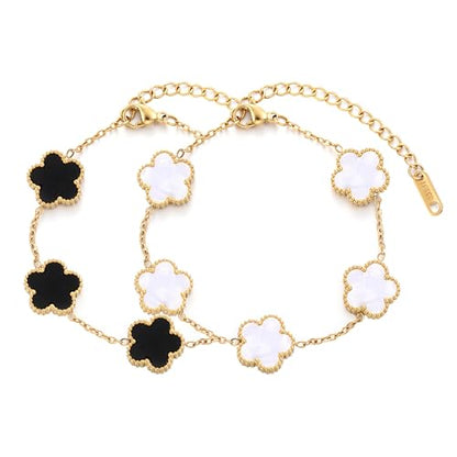 TICVSS Four Leaf Clover Bracelet for Women 18K Gold Plated Stainless Steel Lucky 4 Leaf Gold Link Bracelet Jewelry Gift for Women - color: White+Black