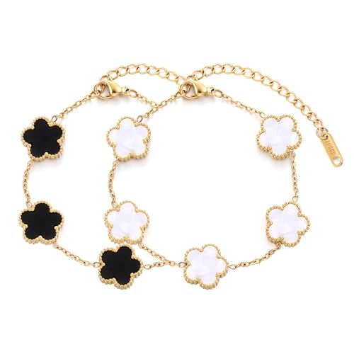 TICVSS Four Leaf Clover Bracelet for Women 18K Gold Plated Stainless Steel Lucky 4 Leaf Gold Link Bracelet Jewelry Gift for Women - color: White+Black