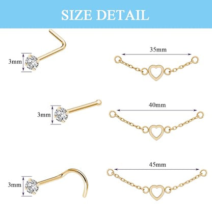 Nose Ring Chain Across Nose Black Stainless Steel Nostril Nose Piercing Chain with Cubic Zirconia Nose Screw Bone L-Shaped Ring for Women Body Piercing Nostril Jewelry with Bridge Chain - color: Gold-Single Heart Nose Chain Studs