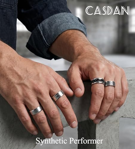 CASDAN 12Pcs Stainless Steel Vintage Signet Rings for Men | Silver Square Pinky Thumb Chunky Thin Band Ring,High Polished Men Ring ,Vintage Spinning Biker Band Rings Set 7-13