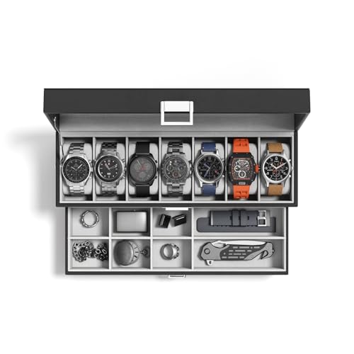 Watch Case Box for Men - 7 SLots Watches Storage Organizer Real-Glass Display Case with Jewelry Drawer 2-Layer PU Leather Collection Holder Gift for Loved Ones Black - size: 7 Slots, Black