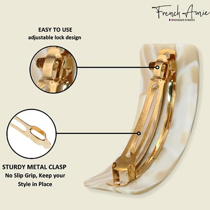 French Amie Broad Curved Oblong Ivory Cream Extra Wide Large Cellulose Acetate Automatic Volume Hair Clip Barrette with Golden Clasp for Women and Girls