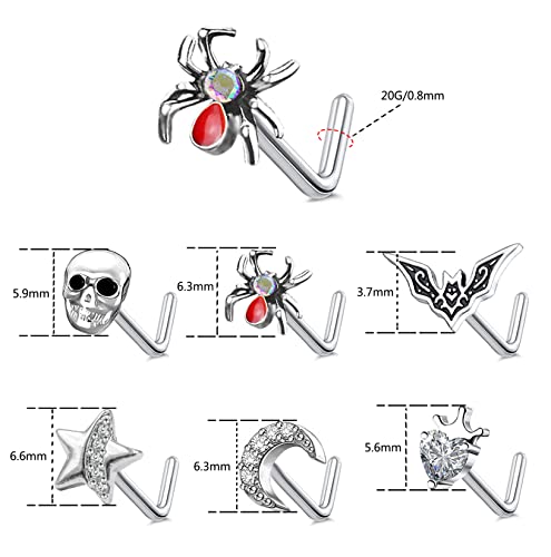 CZ Butterfly Flower Top L Bend Stud Nose Ring 20G L Shaped Nose Studs Nose Hoop Rings Nose Body Piercing for Women Mens - color: silver