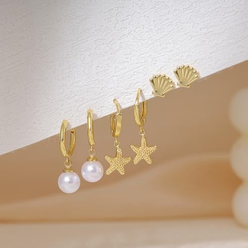 Gold Plated Earrings for Women, 14k Gold Plated Earring Stack Hypoallergenic Pearl Drop Earring Dainty Earrings for Women Trendy Cute Small Huggie Hoop Earring Fashion Womens Jewelry - color: SET18