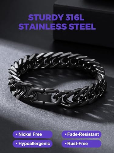 Richsteel Mens Cuban Link Bracelets, Silver/Black/14K Gold Plated Stainless Steel Bracelet for Men 8/12/17mm Width, 7.4/8.2/9 Inch Length Chain Wrist Bracelets With Gifts Box - style: 06-Black 12mm Width