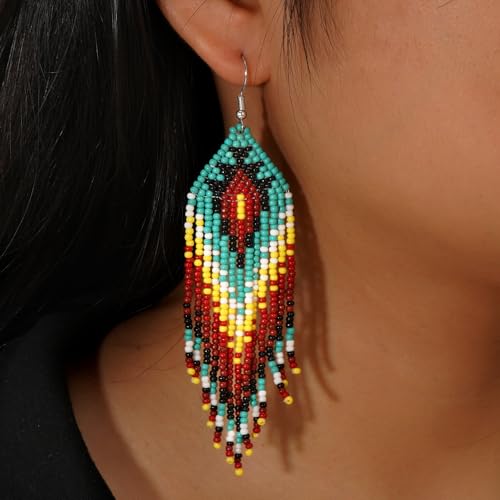 Bohemian Tassel Colorful Beaded Earrings For Women Trendy, Long Fringe Feather Drop Jewelry Handmade Gifts. - color: color10