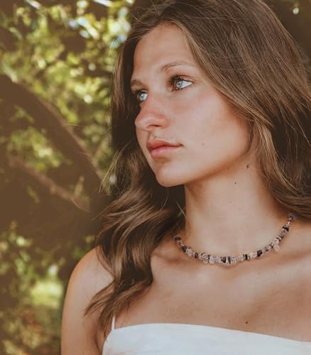 Aobei Pearl Gemstone Beaded Choker Necklace for Women Boho Turquoise/Cultured Freshwater Pearls/Garnet/Amazonite Jewelry - color: H Black Tourmalinated Quartz
