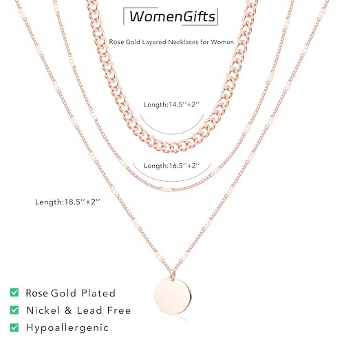 WomenGifts Layered Gold Necklaces for Women, 14K Gold Sterling Silver Plated Dainty Pendant Necklace Set Non Tarnish, Chunky Stackable Cuban Chain Choker, Trendy Birthstone Vacation Jewelry Gift - color: Rose Gold, style: Mirror Coin