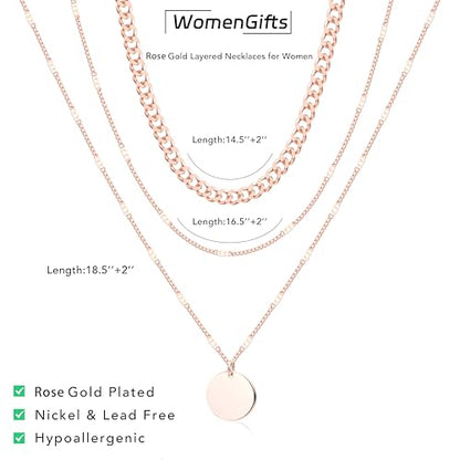 WomenGifts Layered Gold Necklaces for Women, 14K Gold Sterling Silver Plated Dainty Pendant Necklace Set Non Tarnish, Chunky Stackable Cuban Chain Choker, Trendy Birthstone Vacation Jewelry Gift - color: Rose Gold, style: Mirror Coin