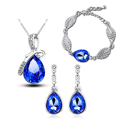 4 Pieces Fashion Teardrop Crystal Rhinstone Pendant Necklace Earring Bracelet Jewelry Set for Women Lady Wedding Birthday Party Prom Gifts - color: Royal Blue