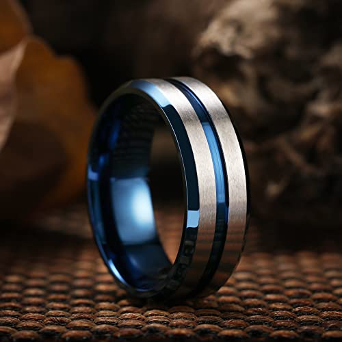 King Will Mens 8mm Cross Groove Tungsten Carbide Wedding Ring | Rose Gold, 8mm, Grooved, Comfort Fit, Cross design, Everyday Wear - color: B-Blue Sliver 8mm