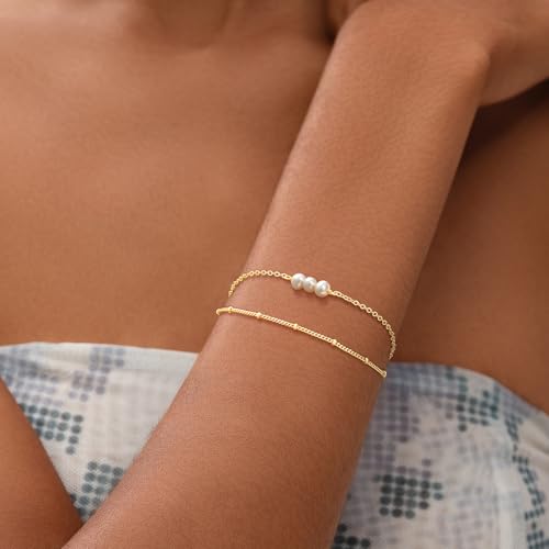 MEVECCO Dainty Chain Bracelets for Women, Layered and Charm Styles | 14K Gold Plated Brass, Select Cubic Zirconia Accents, Single and Multi-Row Structures for Refined Everyday Wristwear - style: 2 Layer 3 Pearls Satellite Chain
