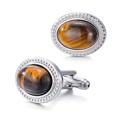 Crystal Cufflinks for Men, Shiny Cuff Links for Suit, in Gift Box, Business Cufflinks Accessories, Valentine's Day Birthday Gift for Groom Husband Dad - color: Tiger - Oval - White Gold