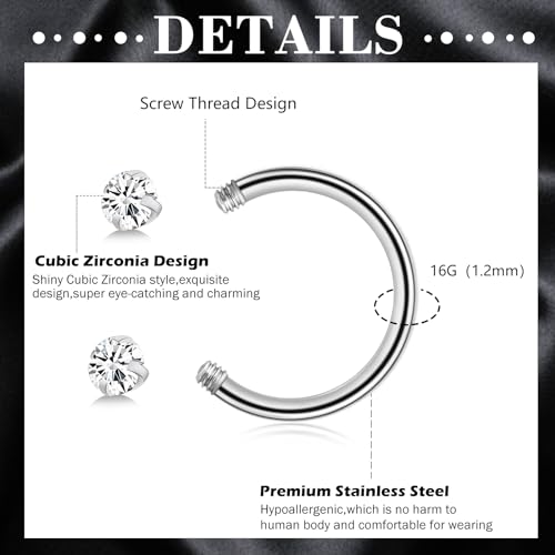 ONESING 20-30 Pcs Septum Rings 16G Septum Jewelry - Surgical Steel Piercings Horseshoe Helix Daith Smiley Tragus Lip Rings Nose Hoop Hinged Seamless Piercing Jewelry for Women Men - color: Silver,Black-16G-10mm