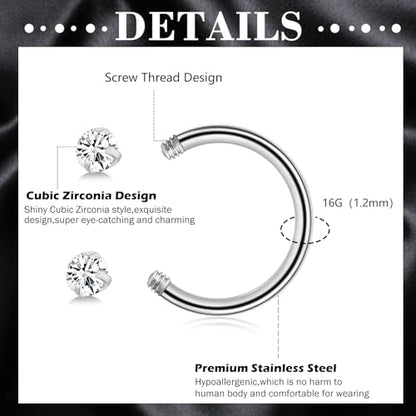 ONESING 20-30 Pcs Septum Rings 16G Septum Jewelry - Surgical Steel Piercings Horseshoe Helix Daith Smiley Tragus Lip Rings Nose Hoop Hinged Seamless Piercing Jewelry for Women Men - color: Silver,Black-16G-10mm