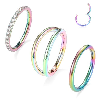 PEAKLINK 3pcs Double Nose Rings Double Nose Hoops 316L Surgical Steel Cartilage Earrings 20G/18G/16G Septum Rings Conch Piercing Helix Lip Rook Daith Tragus Pierxing Jewelry 6mm to 12mm - color: Rainbow