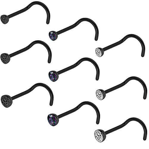20G Nose Rings Studs Black 316L Surgical Steel 2mm 2.5mm 3mm Round CZ Nose Ring for Women Men L Shaped Nose Bone Nose Screw Ring Set Nostril Piercing Jewelry - color: 9Pcs-Nose Screw Stud-Black