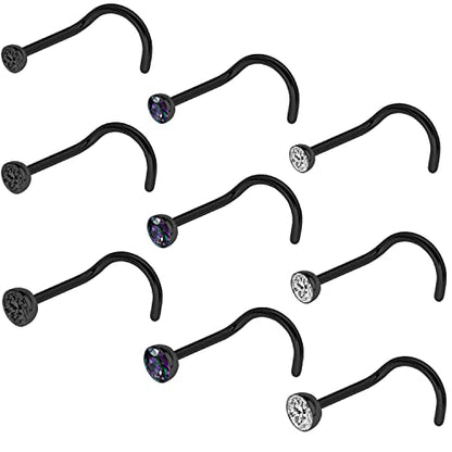 20G Nose Rings Studs Black 316L Surgical Steel 2mm 2.5mm 3mm Round CZ Nose Ring for Women Men L Shaped Nose Bone Nose Screw Ring Set Nostril Piercing Jewelry - color: 9Pcs-Nose Screw Stud-Black